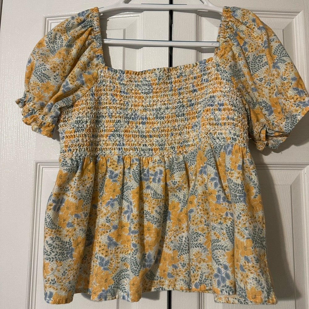 Smocked Peplum Puff-Sleeve Top - Yellow Floral